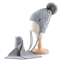 Žieminių kepurių skarelių rinkinys vaikams Šiltos megztos pupelės su pompom Vaikams Twist pattern Trikotažinė kepurė berniukams 45-52CM pilka