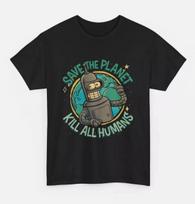 Futurama marškinėliai - Bender marškinėliai - Išsaugok planetą nužudyk visus žmones marškinėliai L gray