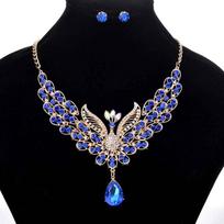 Luxurious Retro Peacock Necklace And Ear Studs Rhinestone Jewelry Set For Women Blue