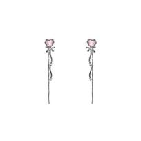 Sweet Pink Love Heart Long Tassel Drop Stud Earring For Women Fashion Party Zircon Accessories