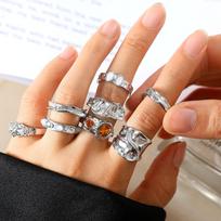 8pcs Set Exaggerated Retro Irregular Geometry Liquid Metal Adjustable Opening Rings for Women Fashion Finger Zircon Sets Gifts resizable auksas