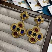 Western Antique Replica Copper Plated Real Gold Thread Engraving Colored Glazed Four-Leaf Clover Earrings Long Pendant Shoulder Studs