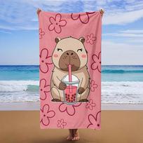 1pc Cartoon Capybara Bubble Tea Beach Towel, Absorbent Quick-Dry, Ideal for Swimming Fitness Yoga Travel Camping W30*H60(CM) beige