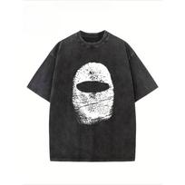 European Size Balaclava Fingerprint Creative Pattern Printing, Heavyweight , Pure, Oversize, Dropped Shoulder T-Shirt, Washed T-Shirt S juoda
