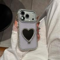 Heart-Shaped Mirror Bracket for iPhone 17/16/15/14 Pro Cases with Glitter/Drill Design 16 Pro Max violetinė