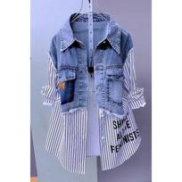 Women's Spring and Autumn Casual Fashion Joker Stitching Striped Tops Women's Denim Jacket Design Fake Two Denim Shirts Plus Size XXXXL