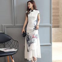 Vasarinis elegantiškas plonas moteriškas tapytas čiongsamas baltas suknelės Qipao šifono vintažinio kinų stiliaus suknelė XS