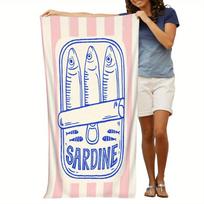 Sardine Themed Microfiber Beach Towel, Pink Stripes Sardine Illustrations Lightweight Quick Dry Compact for Bath Beach W30*H60(CM)