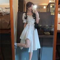 Moteriška balta suknelė vasarinė elegantiška vintažinė kawaii pūstomis rankovėmis midi suknelė kvadratine apykakle suvarstoma saulės suknelė gotikiniai drabužiai S balta