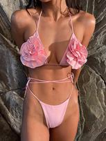 Floral Bikini Micro Bikini Set Push Up Women Swimsuit Female Swimwear Bandage Biquini Sexy Bathing Suit Solid Swimming Beachwear EMA S rožinė