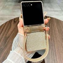Atverčiamas dėklas Samsung Galaxy Z Flip7/ 6/ 5/ 4/ 3 su vyrių apsauga ir riešo dirželio laikiklio dangteliu, telefono apsaugos nuo smūgių Samsung Z Flip5 auksas