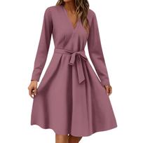 Women's Fashion Casual V-Neck Long Sleeve Waist Floral Print Midi Dress L