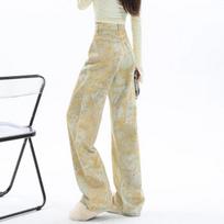 Yellow High-Waisted Retro Tie-Dye Wide-Leg Summer Jeans Small geltona