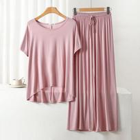 Women's Plus Size Casual Pajama Set: Modal Crew Neck, Short Sleeve Top & Wide-Leg Pants XL šviesiai rausvos spalvos