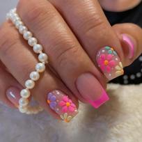 24Pcs Short Square Press On Nails, Bright Pink & Orange French Tips with Colorful 3D Flower Fake Nails for Spring United States