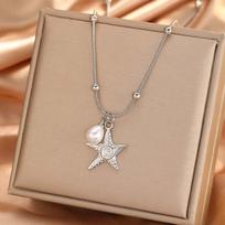 Stainless Steel Starfish Spiral Pearl Pendant Necklace For Women Fashion Gold Color Clavicle Chain Waterproof Zircon Gifts varis
