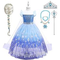 Frozen Elsa Dress Up Set with Wig Crown Wand Accessories Ice Blue White 120cm for Girls 4-5 Years 110 cm šviesiai mėlyna spalva/balta