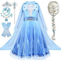Elsa Frozen Deluxe Princess Dress-Up Set - Wig, Crown, Wand, Gloves & Jewelry for Girls 6-7 Years, 140cm, Blue 110 cm šviesiai mėlyna spalva/balta