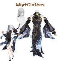Shenhe Cosplay Costume Game  New Skin Elegant Slim Sex Cheongsam Dress Women Halloween Party Costume L-(Costume+Wig)