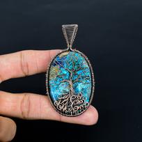 Azurite Malachite Pendant, 999 Copper Wire Wrapped Gemstone Jewelry, Handmade Tree Of Life Pendant, For Thanksgiving 3.15 Inches