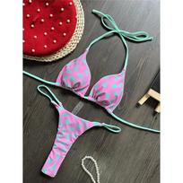 Love Printed Extreme Mini Micro Thong Bikini Women Swimwear Female Swimsuit Two-pieces Bikini set Bather Bathing Suit Swim S violetinė/žalia