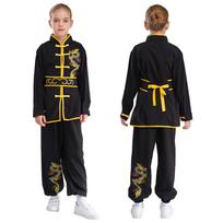 Complete Children‘s Tai Chi Outfit: Traditional Kung Fu Suit with Dragon Embroidery, Unisex Performance Costume for Stage 5-6 Years juoda