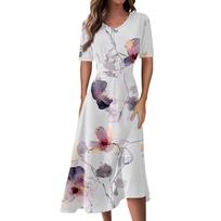 Women's Casual Fashion Floral ,Leaf,  Print V-neck Short-Sleeved Waist Long Swing Dress L