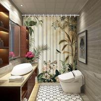 1pc Lush Tropical Garden Shower Curtain - Pink Flowers & Green Plants, Realistic Botanical Design with Bird W90XH180cm