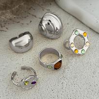 5pcs Light Luxury Colored Crystal Rings Gold Copper Color Smooth Metal Women's Finger Ring Zircon Inlay Vintage Female Zircon