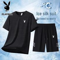 Playboy Men's Ice Silk Short Sleeve T-Shirt & Shorts Set 3XL juoda