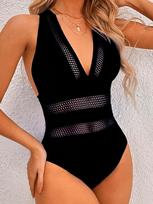 2025 Nauji Seksualūs Tinklelio Derinio Viengubas Maudymosi Kostiumas Moterims Gilus V formos iškirptės Maudymosi Kostiumas Paplūdimio Apranga Push Up Monokini Maudymosi Kostiumas XL mėlyna