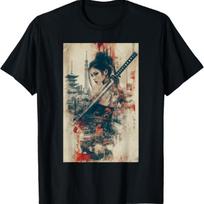 Sexy Anime Girl Japanese Samurai Warrior Princess Art T-Shirt S juoda