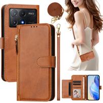 Per petį Užtrauktukas Kortelių Lizdas Piniginė Odinis Dėklas Skirtas Xiaomi POCO X7 Pro X6 F7 Ultra Daugiafunkcinė Rankinė Ilgas Dirželis Kišenė Atlenkiamas Stovas Dangtelis Poco x7 ruda