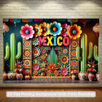 2D Mexico Themed Backdrop Cactus and Colorful Flowers Fiesta Party Background 47.2x31.5inch/120*80cm