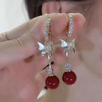 Shiny Crystal Zircon Butterfly Tassel Drop Earrings for Women Light  Luxury Sweet Flower Temperature Earring Party Charm Zircon