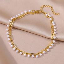 New Fashion Pearl Anklets For Women Gilrs Gold Color Stainless Steel Double Layer Snake Chain Anklet Foot Leg Summer Jewelry