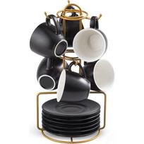 Espresso Puodelių Rinkinys su Lėkštutėmis ir Metaliniu Stovu Kavos Puodelių Rinkinys iš 6 vnt. 4 oz Kapučino Puodeliai Arbatos Puodelis Arbatos Išgertuvei - Baltas 4.0 ounces juoda