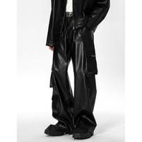 Men's Fall Hip-Hop Punk PU Leather Pants High-Street Multi-Pocket Workwear Trousers 3XL juoda