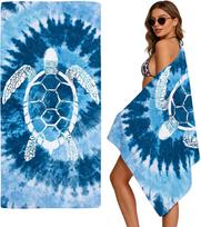 Blue Tie Dye Sea Turtle Print Beach Towel Boho Ocean Themed Quick Dry Sand Free Lightweight Towel for Beach Pool Travel Camping W30*H60(CM)