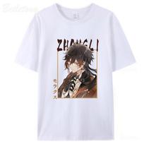 Genshin Impact Shirt Zhong Li Morax Tees Short Sleeve 100% Cotton Summer Cartoon Streetwear Print O-Neck Tops Harajuku S juoda