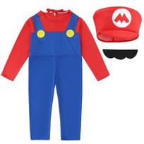 Costum Clasic Super Mario for Kids, Party Game Role-Play, Carnival, Christmas, Halloween, with Hat and Beard, Red, S, 3-4 Years S raudona