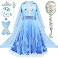 Rochie Elsa Frozen 2 Girls Set with Crown, Wig, Jewelry & Accessories, Premium Fabric, 4-5 Years, 120 cm, Imperial Blue 140cm