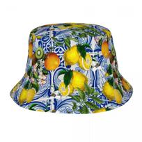 Viduržemio jūros citrina ant mėlynų keraminių plytelių Unisex kibiro formos skrybėlės Vasaros kelionėms Paplūdimiui Vasarinė citrusinių vaisių skrybėlė One Size