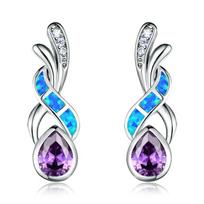 Boho Fashion Women Water Drop Purple Crystal Earrings Fashion Imitation Blue Fire Opal Stud Earrings For Women Wedding Zircon mėlyna