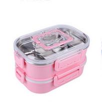 Double Layer Stainless Steel Lunch Box Leakproof Compartment Insulated Food Container 1200ml Rectangular Large Capacity Food Box rožinė