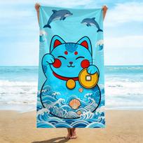 Vibrant Summer Beach Towel, Cute Maneki Neko with Blue Wave & Dolphin Print Bath Towel, Lucky Charm Vacation Beach Blanket W30*H60(CM)