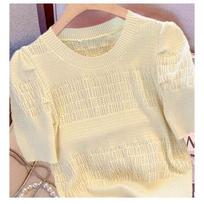 Womens Solid Color Round Neck Hollow Knit Puff Sleeve Top M abrikosas