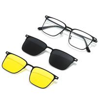 VAKA Fashion Square Metal Frame 3 in 1 Magnet Clip On Glasses Polarized Sunglasses Man Night Vision Clip Anti Blue Light Glasses