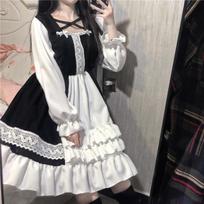 Alisa Stebuklų šalyje Miela Moteriška Lolita OP Suknelė Volanuotas Nėrinių Apvadas Japoniškas Harajuku Ilgomis Rankovėmis Lėlės Paauglių Suknelė Fėjos Vestidos One Size