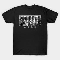 Men Black Print T-shirt Seven Samurai No-Cut Transfer Paper Print Cotton Tshirt S juoda